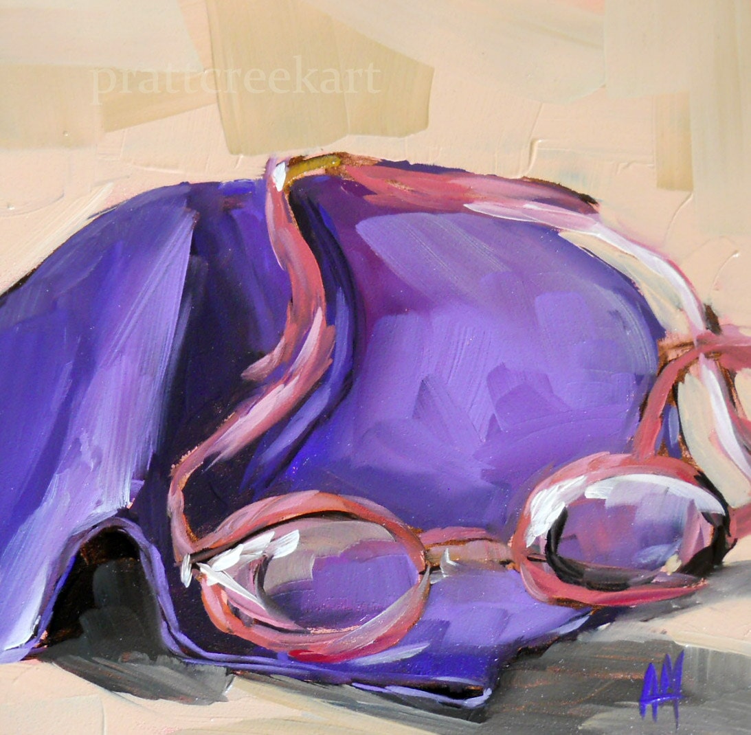 swim goggles and swim cap painting pink and purple original still life oil painting by moulton 6 x 6 inches prattcreekart