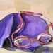 swim goggles and swim cap painting pink and purple original still life oil painting by moulton 6 x 6 inches prattcreekart