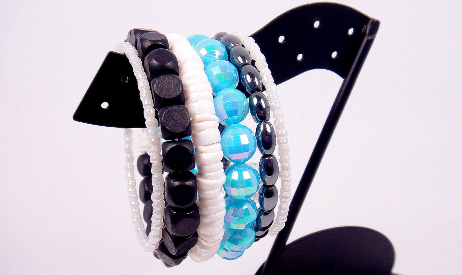 Chunky Wrap Cuff, Teal White Cuff, Blue Black Wrap, Multi Layer Bracelet