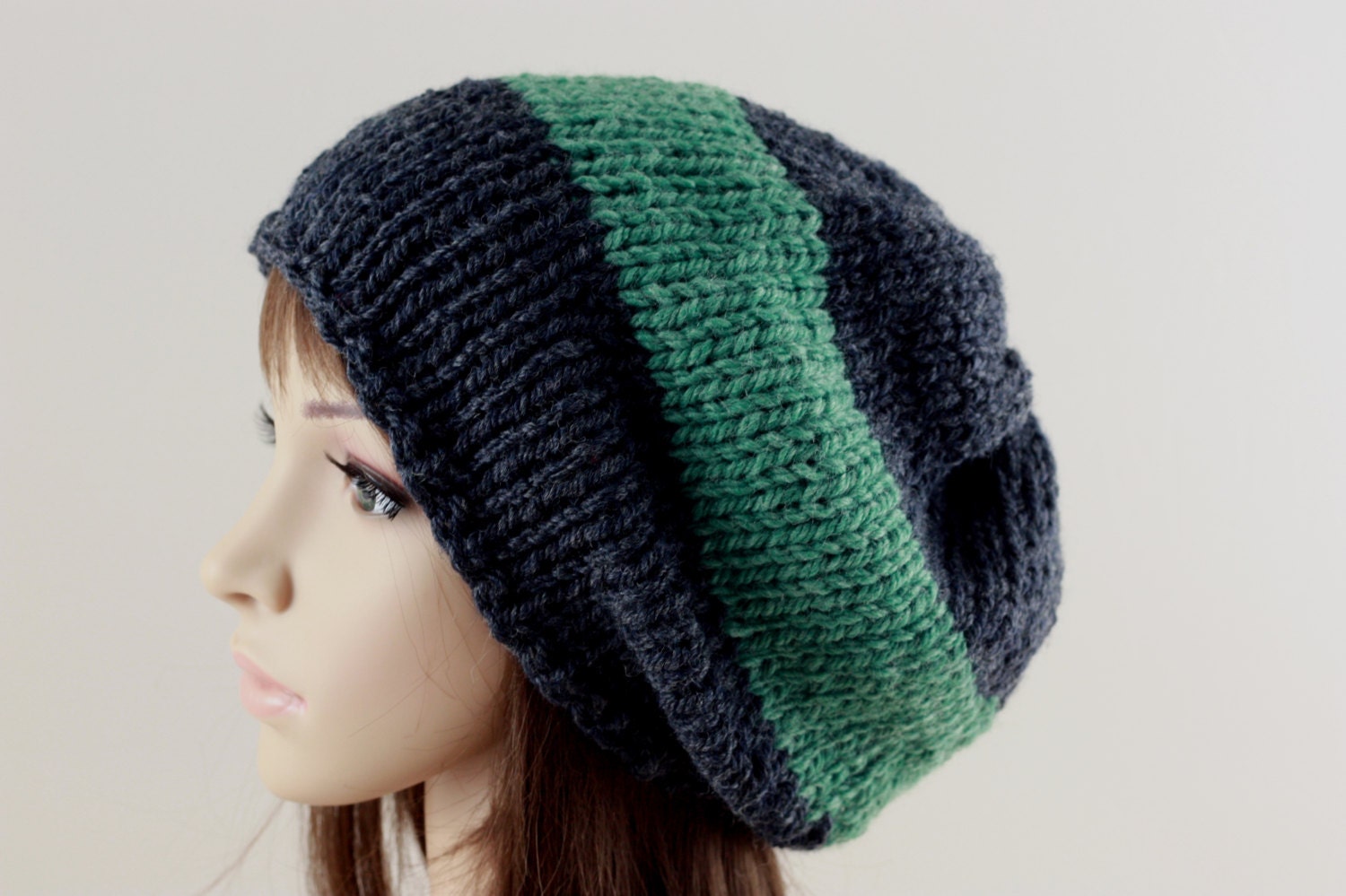Hand Knit Hat Slouchy Hat Women s Men's Beanie Hat Black and Green