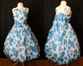 Lovely 1950's sheer blue floral chiffon new look shawl back party dress vlv rockabilly Mad Men chic - size XS to Small