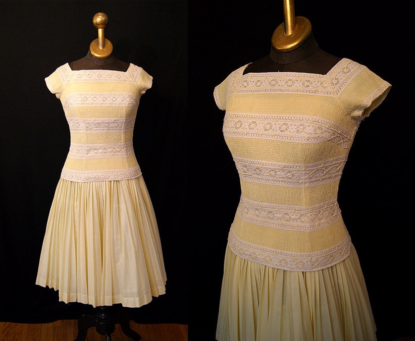 Darling 1950's Yellow Cotton & Lace New Look Two Piece Summer Party Dress Rockabilly VLV - Size Small