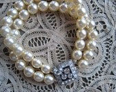 Vintage Two Strand Pearl Bracelet Art Deco Rhinestone Clasp