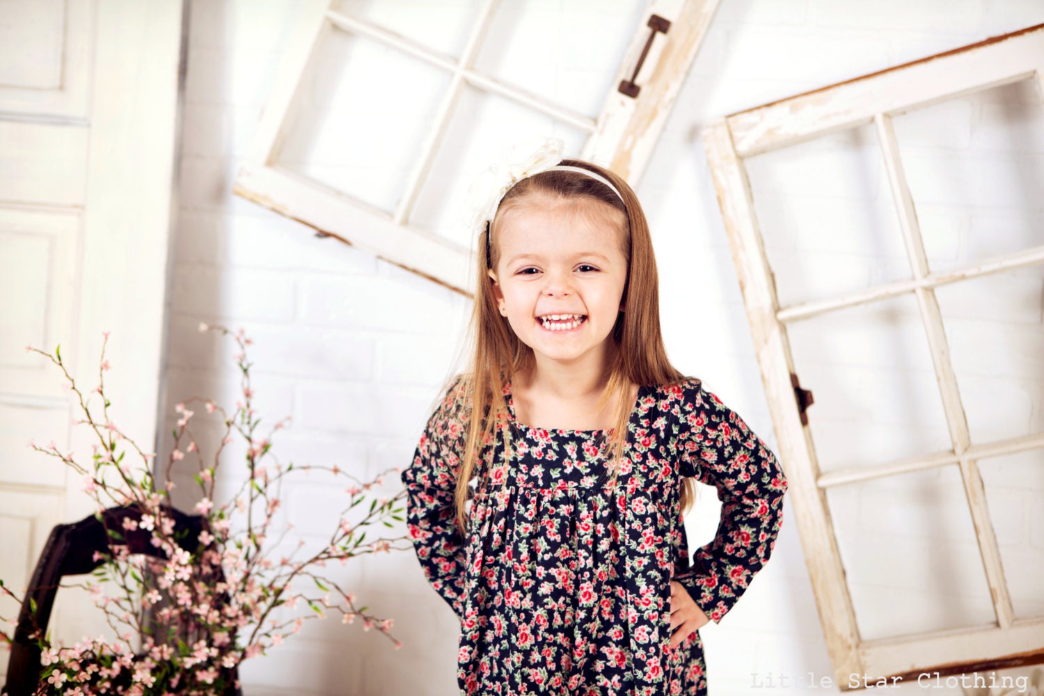 girls dress l size 5 l long sleeved prairie dress in double gauze black floral l handmade l Ready to Ship