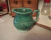 Vtg Green Pottery Cream Pitcher, Farmouse Kitchen