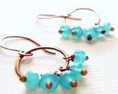 faceted aqua turquoise blue glass on fire scale oxidized copper - hot dangle earrings