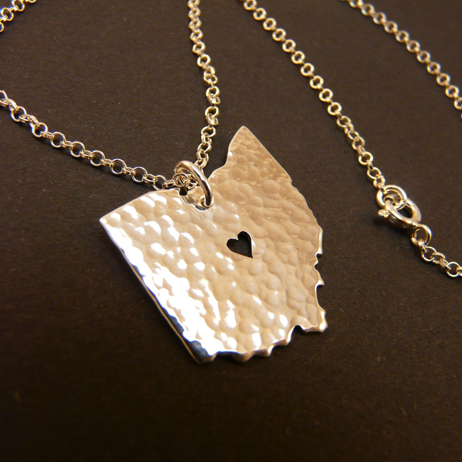 OHIO , solid sterling silver hammered state necklace, sterling silver chain, custom heart