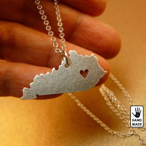 Kentucky  State, solid sterling silver necklace , sterling silver chain, custom heart