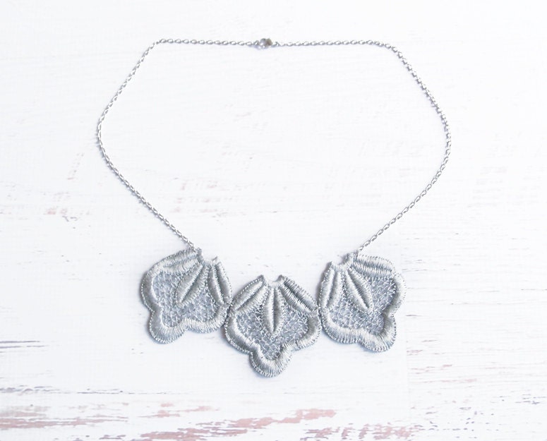 Silver Lace Necklace - Rhiannon - Silver Floral Lace Collar Necklace - Bridal Statement Jewelry