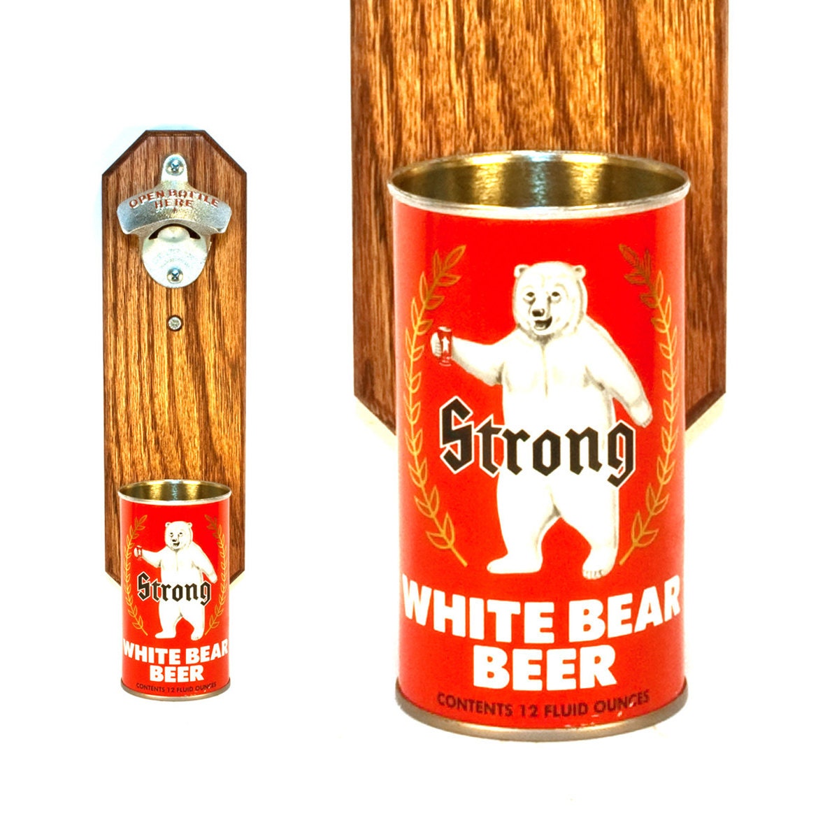 Best Man Gift Wall Mounted Bottle Opener with Vintage Strong White Bear Beer Can Cap Catcher - Groomsmen Gift Idea - Barware - Gift for Dad