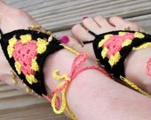 Crochet Barefoot Sandals for Bellydance-ZambraMora-Tribal-TribalFusion-Dance-Black-Yellow-Pink-Beads-OneSizeFitsAll