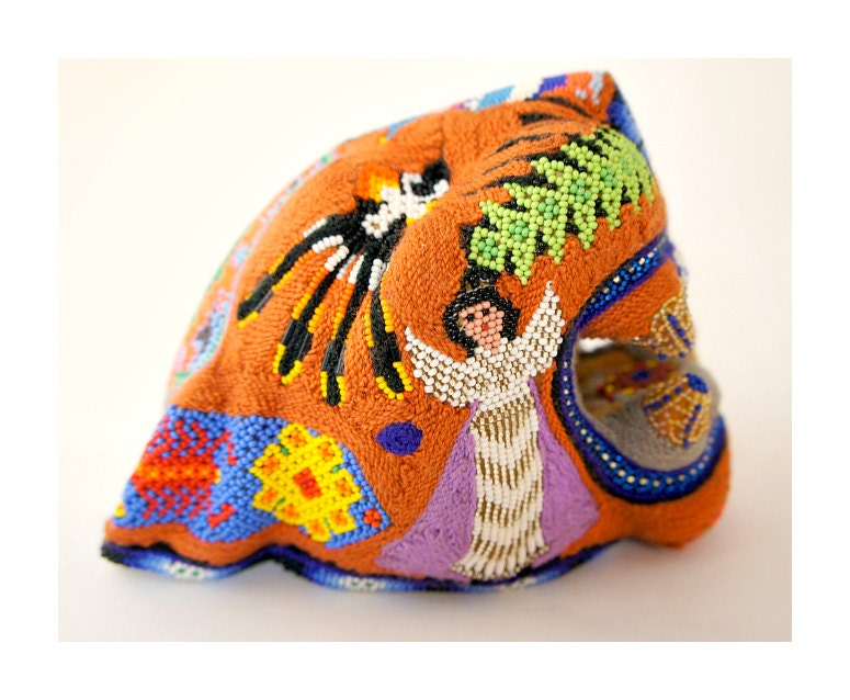Wixárika Huichol Beaded Jaguar Head  B U T T E R F L Y   E Y E S