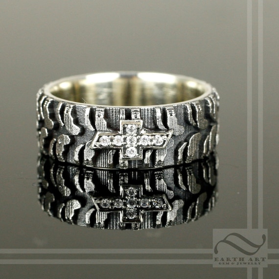 Mens Chevy Tire Tread Ring with CZ - Sterling Silver