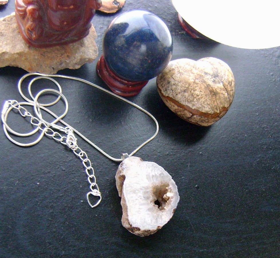 Druzy Agate Geode Slice Necklace- Clear Quartz Chunky Agate on Sterling Silver
