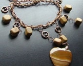 CANNES SALE Banded agate heart gemstone choker on chain and leather with tigerskin jasper -Butterscotch Candy -Caramel, Tan, White on Coppe