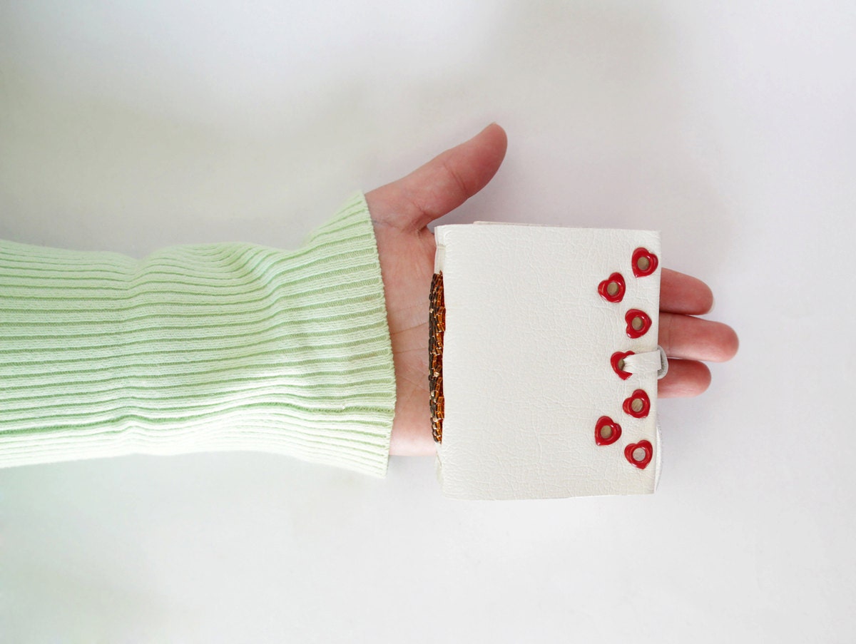 HEART journal, white love diary, beaded brown red heart leather notebook