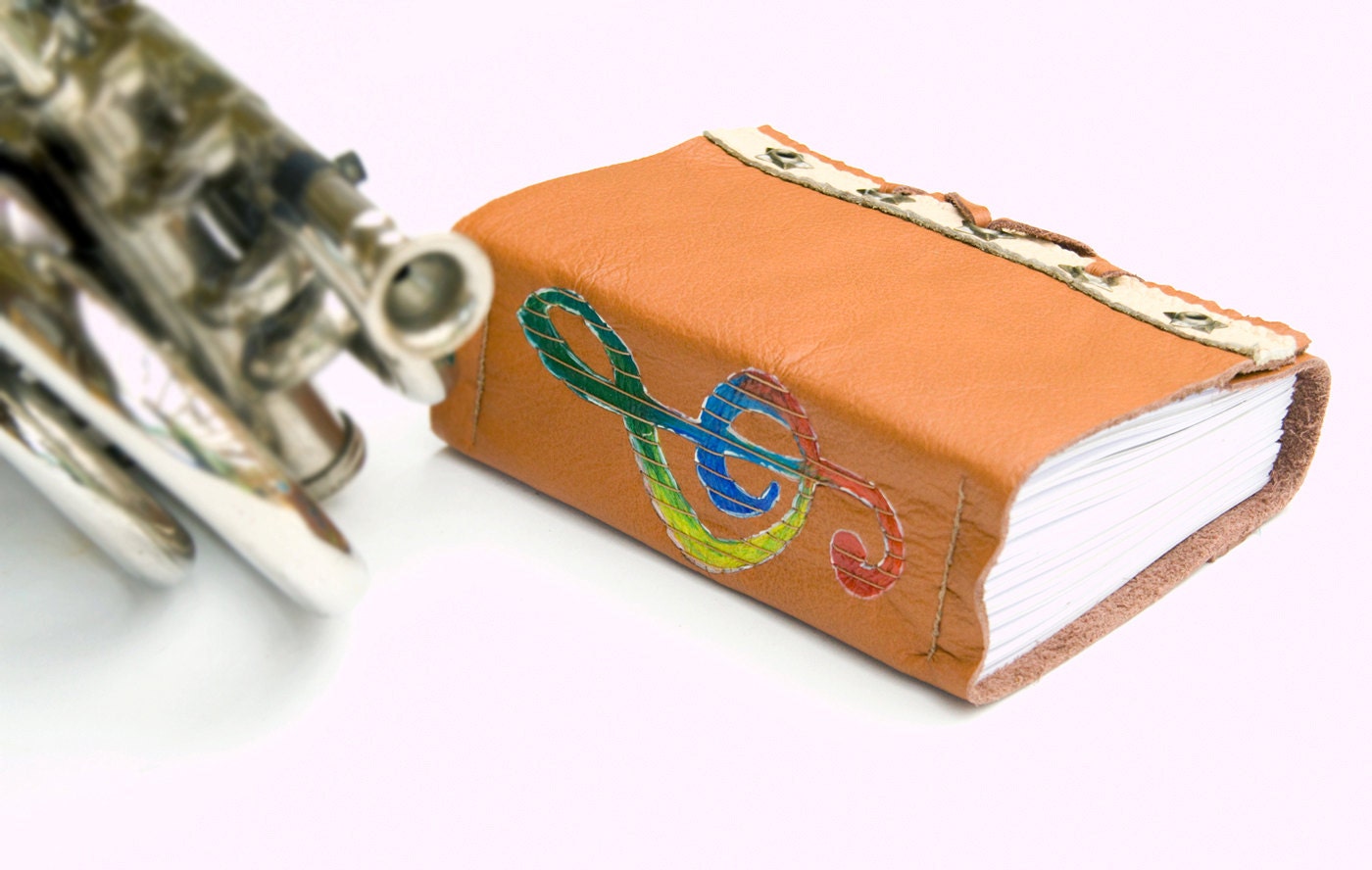 Music Clef Leather Journal, brown beige rainbow colors, musician notebook