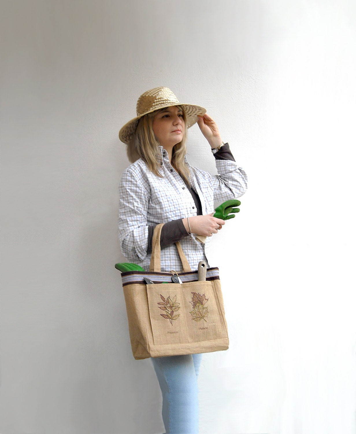Burlap handbag, multi pockets tote, jute bag, gardening, storage, organized bag