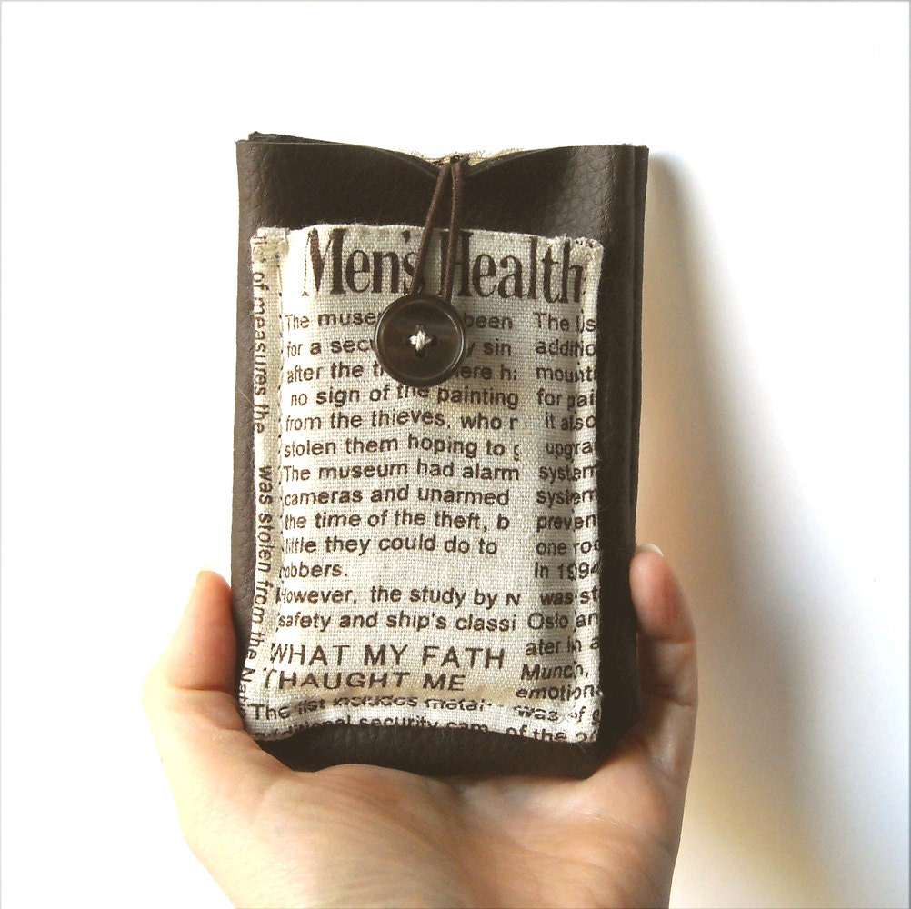 Unisex newspaper iPhone smart phone cover case brown eco leather with pocket