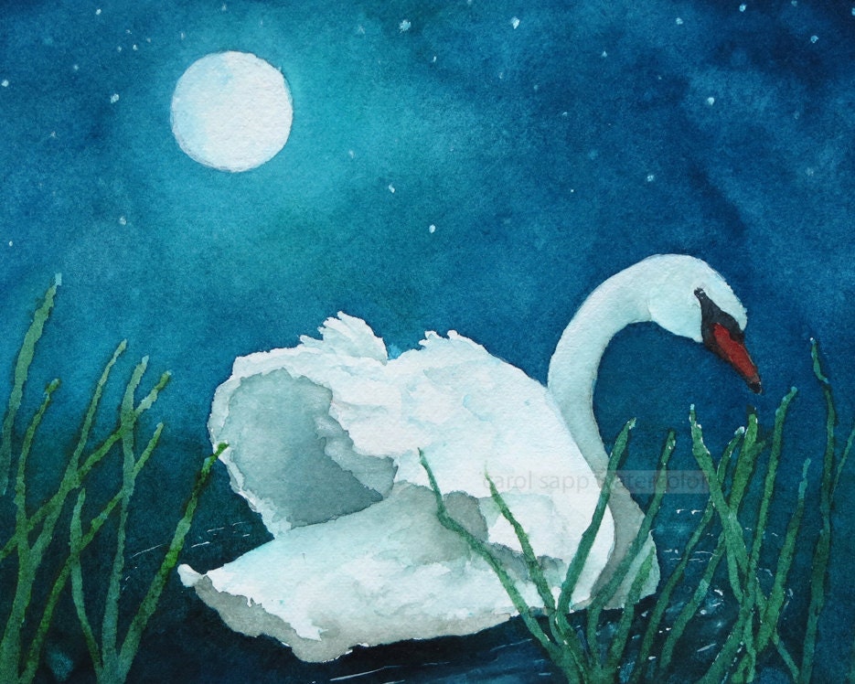 moonlight swan watercolor giclee print 8" x 10"