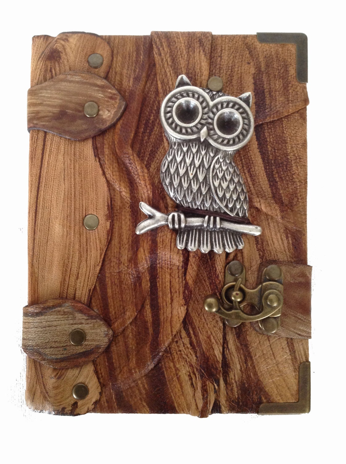 Handmade large owl rustic brown leather journal notebook sketchbook