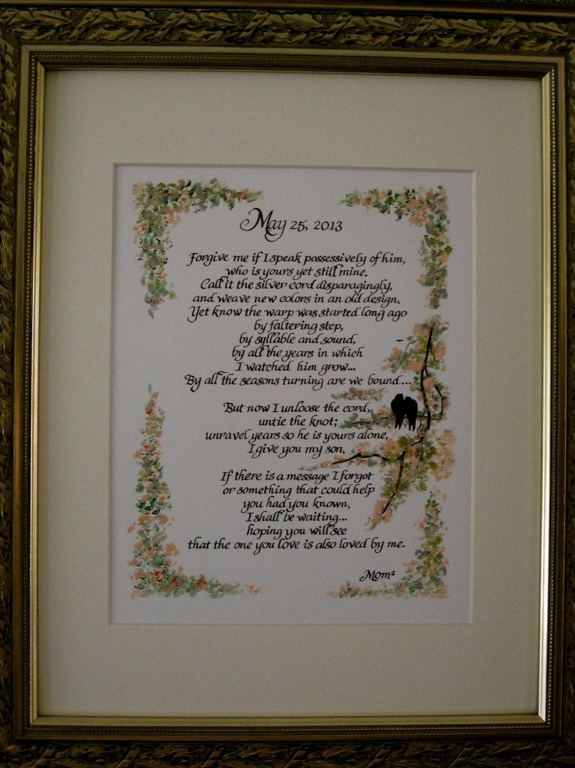 Wedding gift from Mother of the Groom, mat and frame included, custom calligraphy, calligraphy