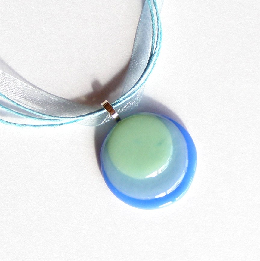 Blue and Green Circles Fused Glass Pendant Necklace on Ribbon Cord Necklace