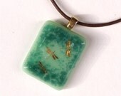 Gold Dragonfly Fused Glass Pendant Necklace, Seafoam Green and Teal Glass