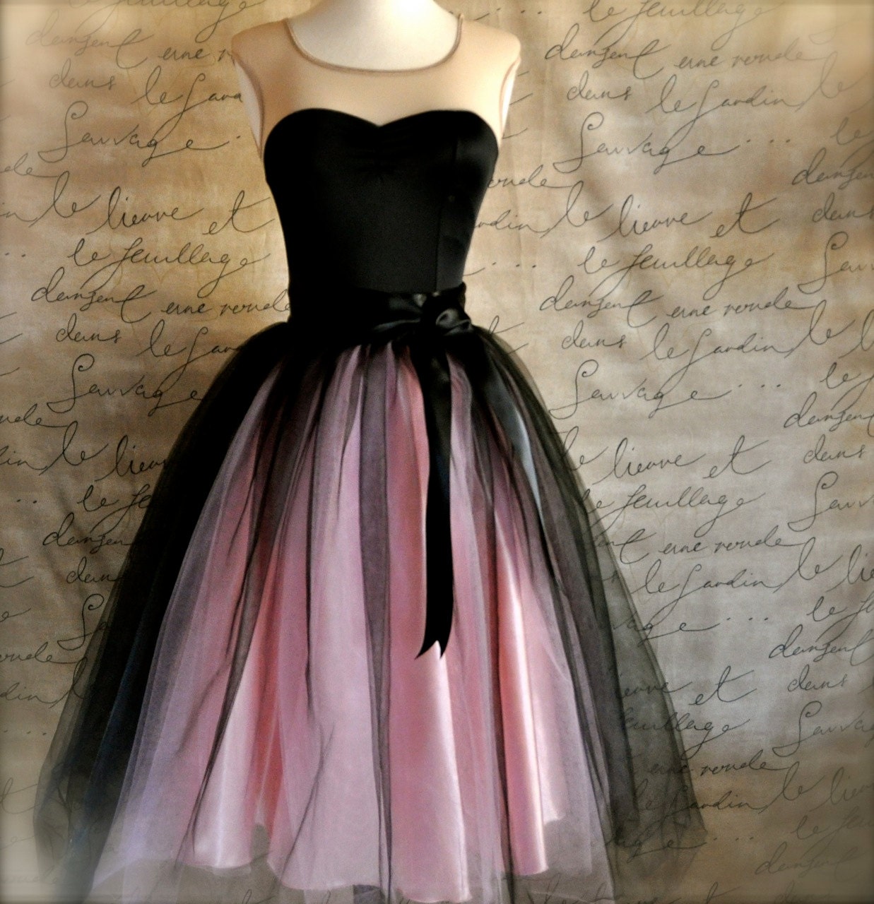 Black and pink  tutu skirt for women.  Ballet glamour. Retro look tulle skirt.