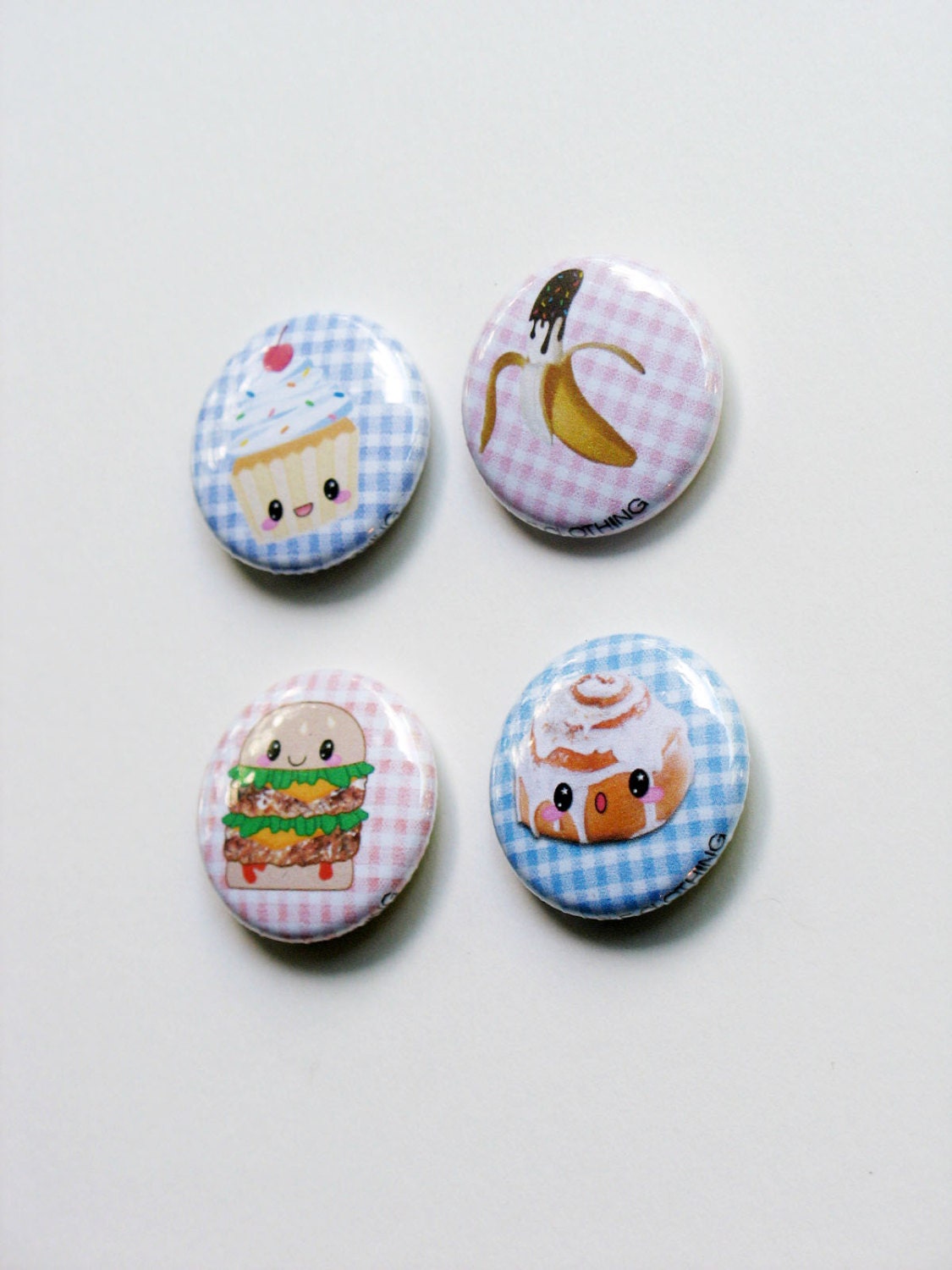 Kawaii Picnic Cupcake Banana Hamburger Cinnamon Bun Button Pin 4 Pack