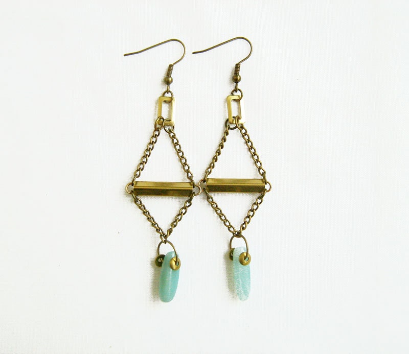 Amazonite Geometric Earrings, Triangle Raw Brass Earrings - Tribal Inspired Jewelry