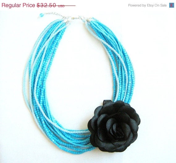 SUMMER SALE Ocean Rose Necklace - Neon blue beaded handmade necklace with detachable flower