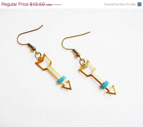 SUMMER SALE Arrow Earrings, Gold and Blue - Hunger Games Handmade Arrow Jewelry,  Raw Brass, Faux Suede