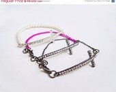 SUMMER SALE Side Cross Bracelet -  Sideway Cross Rhinestone Bracelet on Chain or Pearls, Silver or Dark
