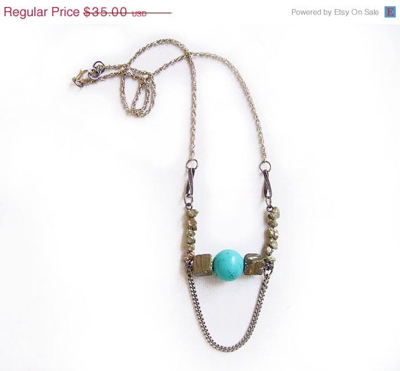 SUMMER SALE Turquoise and Rough Pyrite Necklace - Handmade Semiprecious Jewelry - Primitive Organics Collection