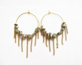 Pyrite Fringe Hoop Earrings, Gold Hoop Statement Earrings,  rough pyrite nuggets, gold plated chains and hoops
