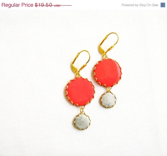 SUMMER SALE Coral Red Grey Circle Earrings - Polymer Clay Statement Earrings - Color Dot Collection