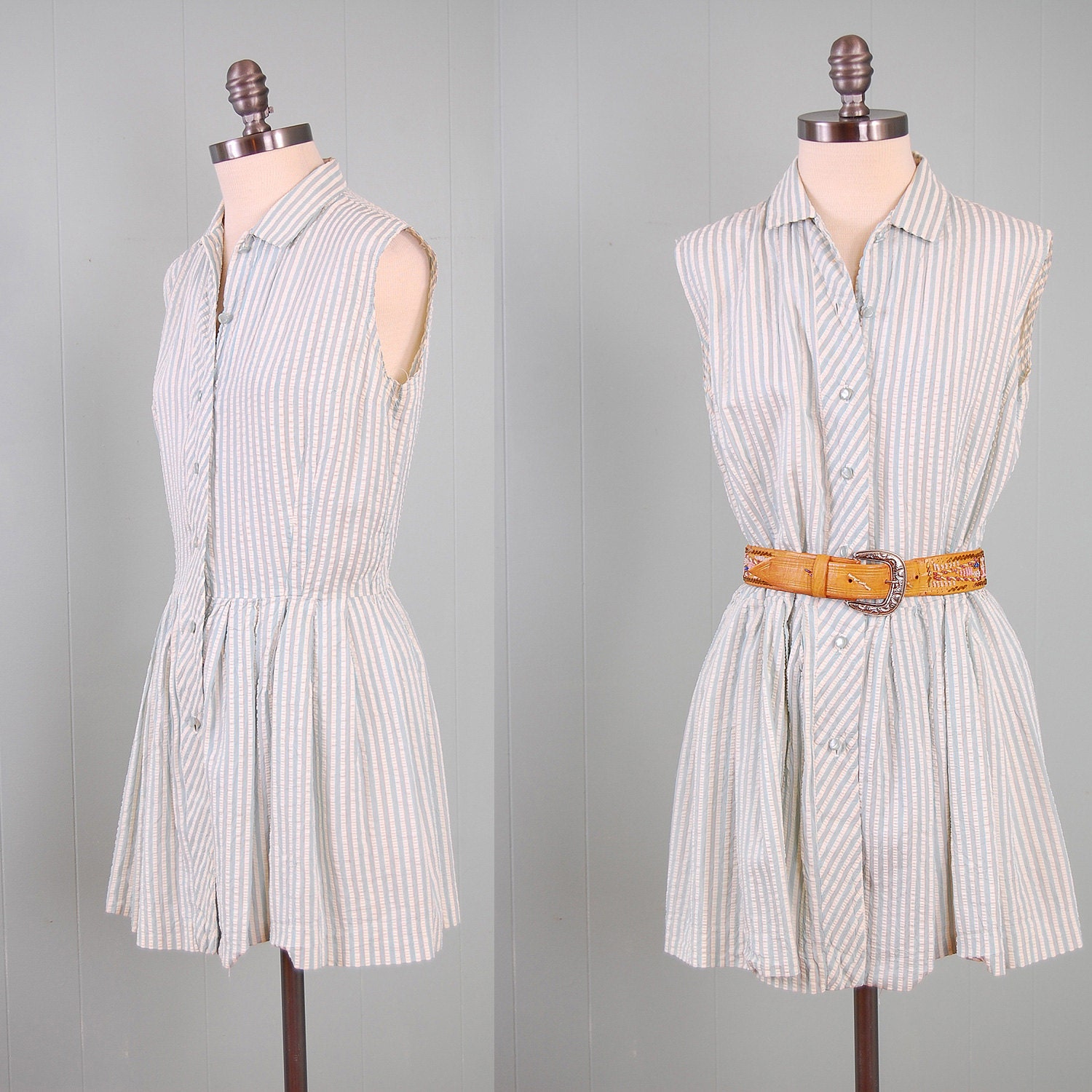 Vintage 50s 60s blue white striped Seersucker dress / Sun set top and bottoms / Size Medium Large