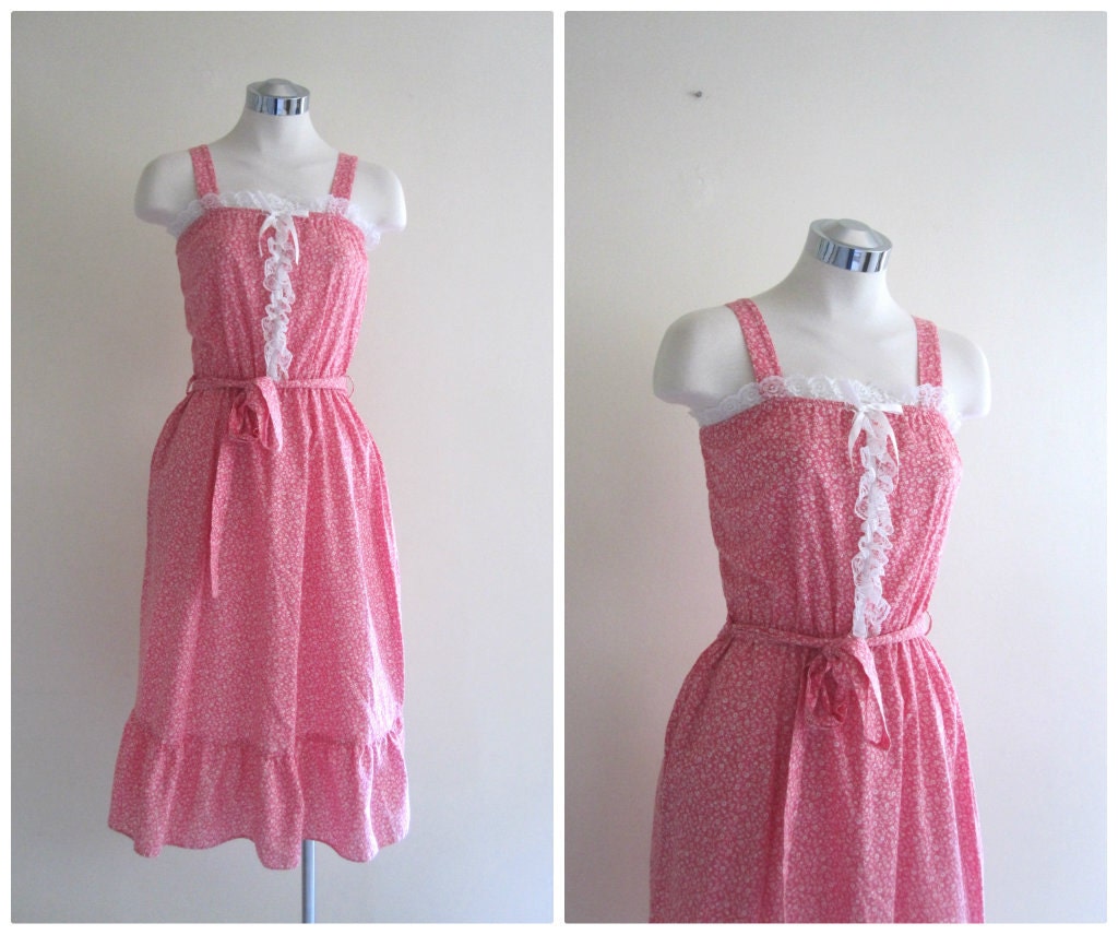 SALE Vintage 1970's Pink Floral Sundress // Ruffle Valentine's Day Dress // xs
