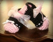 Pearl Pink and Black Crocheted Ballet Slippers with Ribbon Ties for Baby Girls