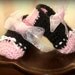 Pearl Pink and Black Crocheted Ballet Slippers with Ribbon Ties for Baby Girls