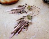 copper paddle earrings with vesuvianite and garnet and peridot