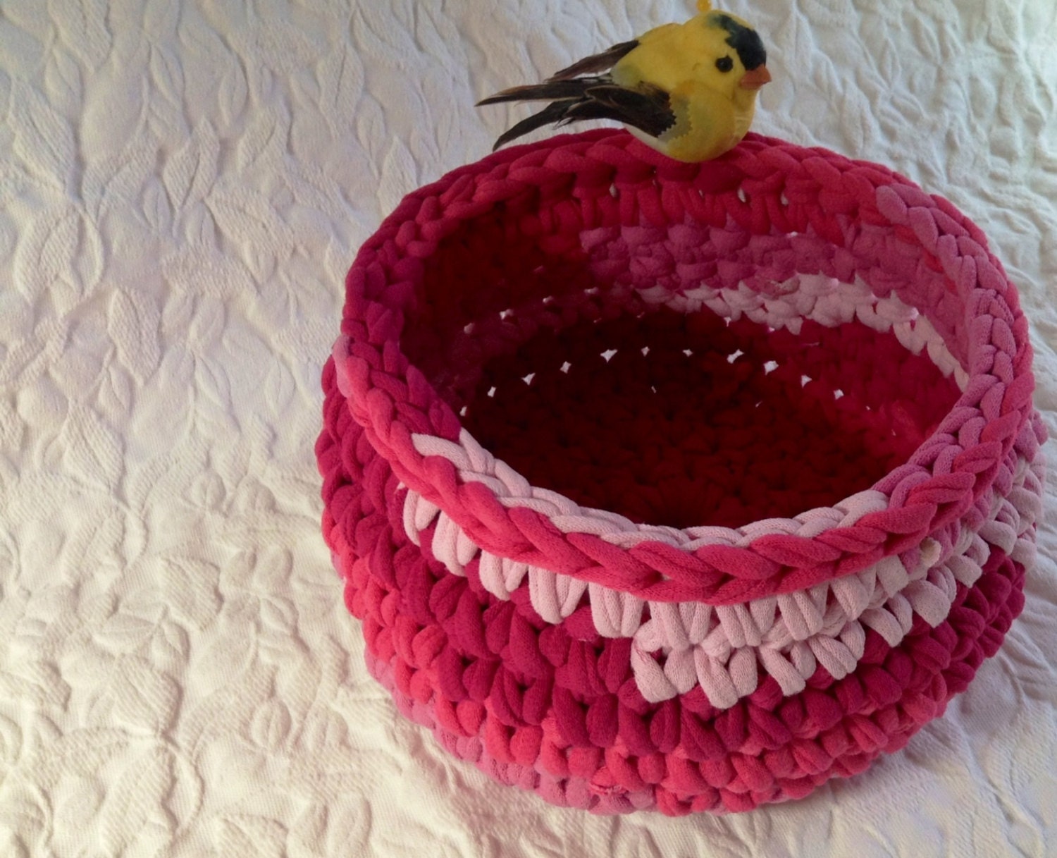 Pink cotton crocheted baskets created from recycled t shirts