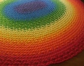 75" x 69" rainbow rug created from recycled t shirts, and organic fabric