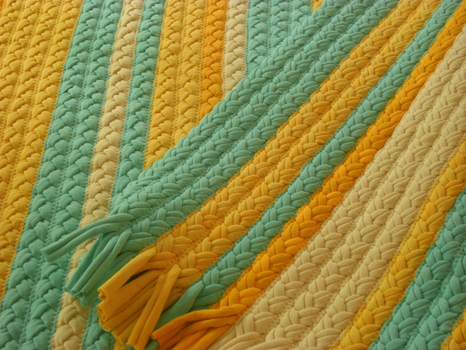 55"x 38" misty mint and buttercup yellow, braided rug striped Made from New USA organic cotton 95%