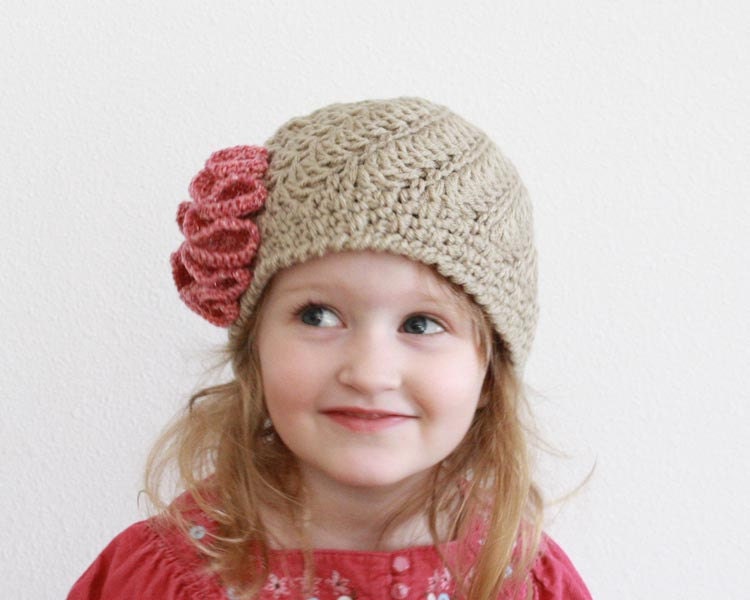 Girls crochet hat wth ruffle flower, crochet baby hat, womens crochet hat, sparkle flower hat, fashion hat, girls crochet beanie