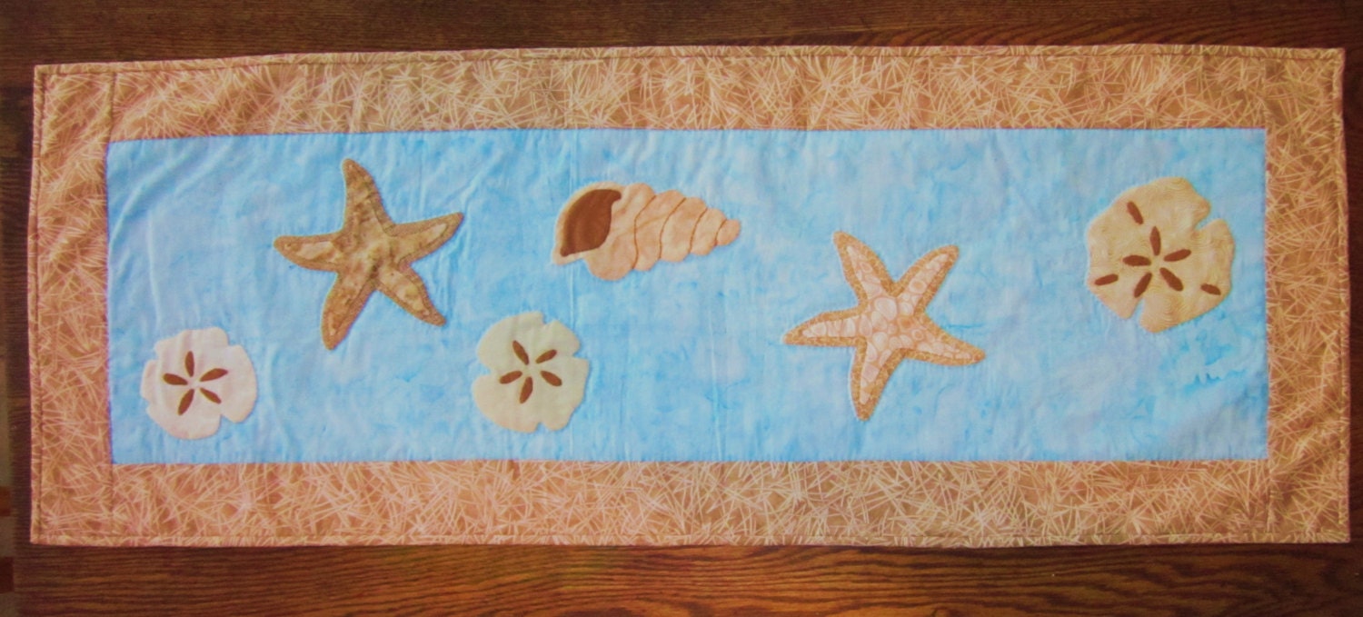 Quilted Beach SeashellsTable Runner in Aqua Blue and Sand Colors