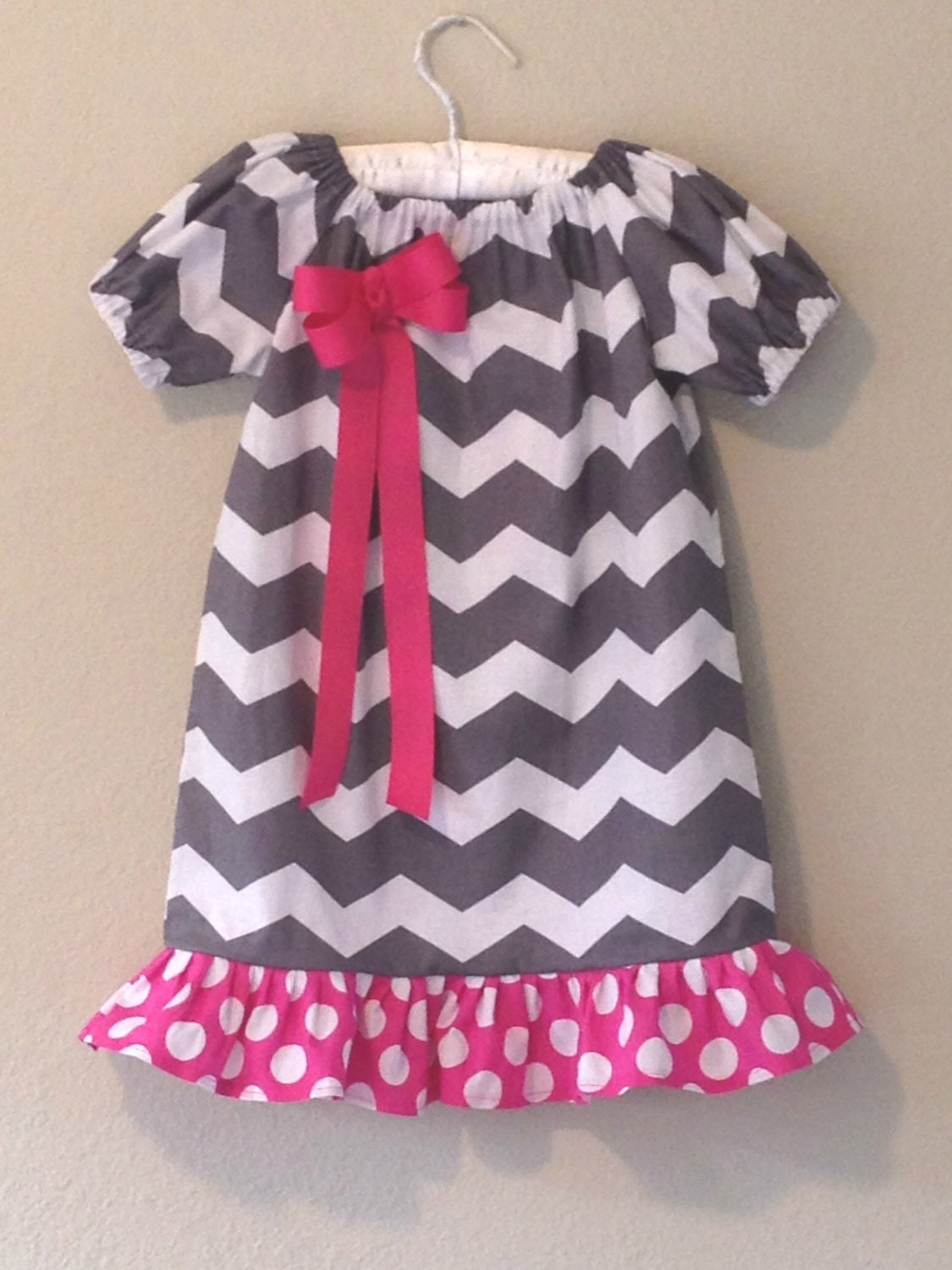 Chevron Peasant Dress gray, white and pink