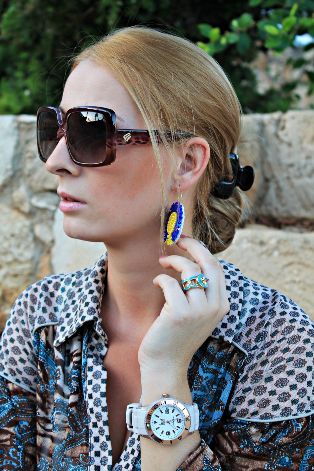 Spiral earrings yellow blue sequins felt galaxy