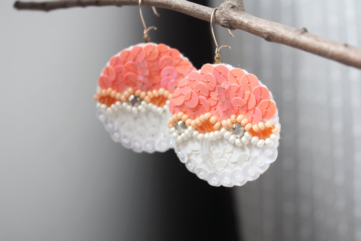 Earrings Peach White Sequins embroidered felt summer pastel